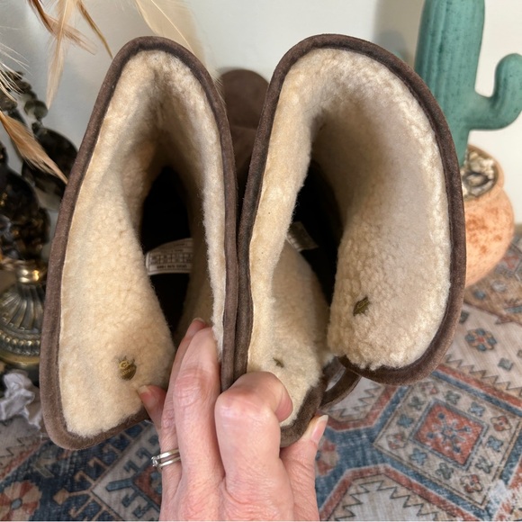 UGG Lynnea Brown Suede Leather Shearling Cuff Fold Over Clog Boots - Picture 13 of 17